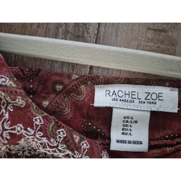 Women’s Rachel Zoe Red Block Print Floral Embroidered Boho Peasant Top Size L - Picture 2 of 3